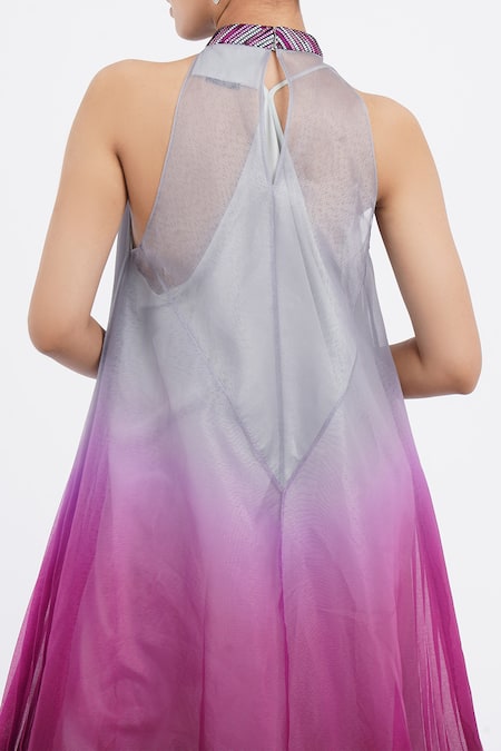 Shop_Amit Aggarwal_Purple Satin Embroidery Bandeau Neck Pleated Ombre Handkerchief Dress _Online_at_Aza_Fashions