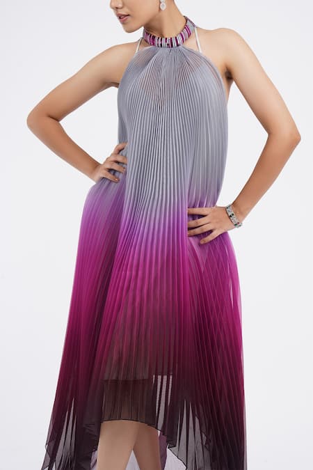 Amit Aggarwal_Purple Satin Embroidery Bandeau Neck Pleated Ombre Handkerchief Dress _at_Aza_Fashions