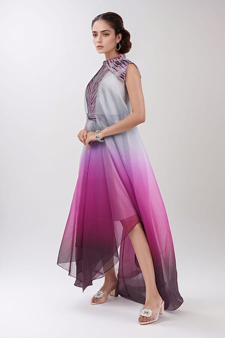 Amit Aggarwal_Purple Net Embroidery, Metallic Thread Collared Embellished Dress _Online_at_Aza_Fashions