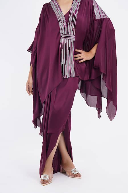 Amit Aggarwal_Purple Metallic Embellished Cape And Draped Skirt Set _Online_at_Aza_Fashions