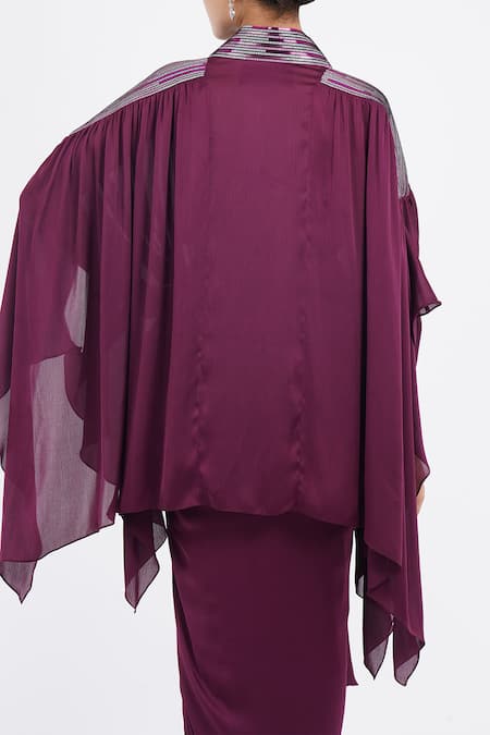 Buy_Amit Aggarwal_Purple Metallic Embellished Cape And Draped Skirt Set _Online_at_Aza_Fashions
