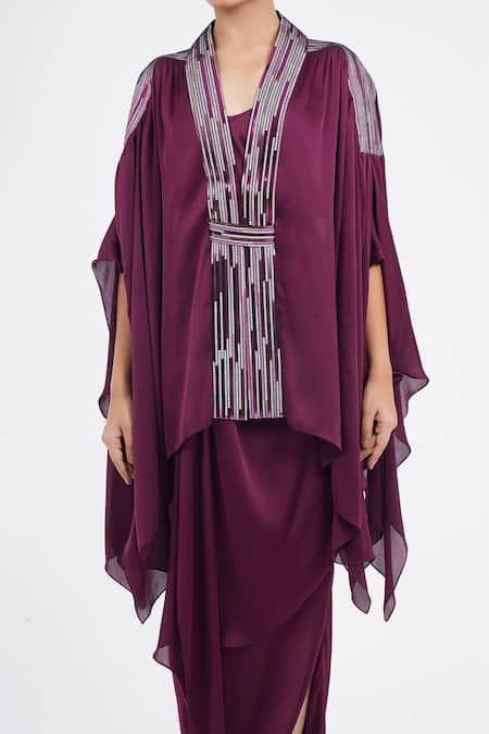 Shop Amit Aggarwal Purple Metallic Embellished Cape And Draped Skirt Set Shop_Amit Aggarwal_Purple Metallic Embellished Cape And Draped Skirt Set