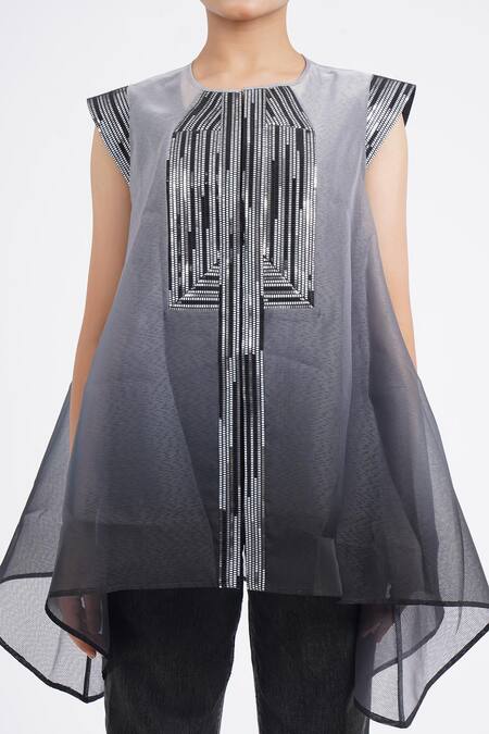 Buy_Amit Aggarwal_Grey Sequins Round Neck Metallic Embellished Ombre Top _Online_at_Aza_Fashions