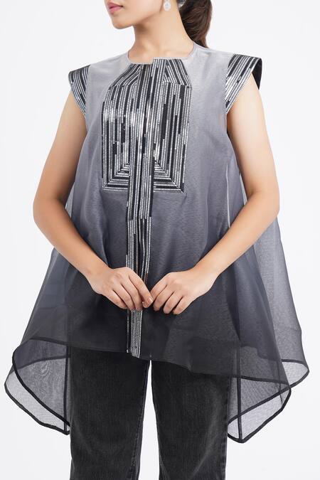 Shop_Amit Aggarwal_Grey Sequins Round Neck Metallic Embellished Ombre Top _Online_at_Aza_Fashions