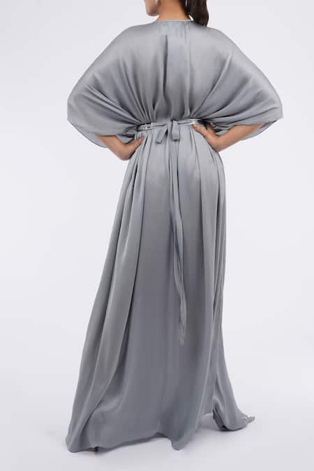 Shop_Amit Aggarwal_Grey Chiffon Metallic Thread Round Neck Embellished Cape Dress _at_Aza_Fashions