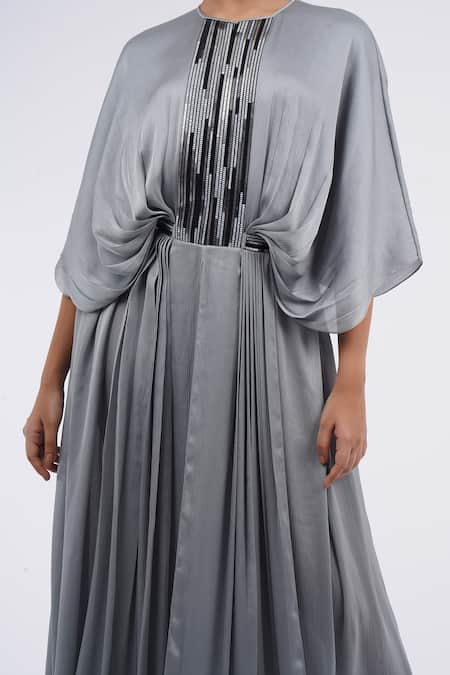 Buy_Amit Aggarwal_Grey Chiffon Metallic Thread Round Neck Embellished Cape Dress _Online_at_Aza_Fashions