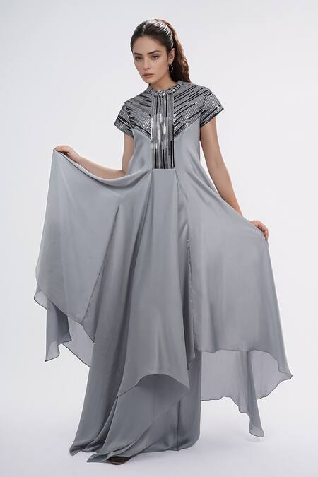 Amit Aggarwal_Grey Metallic Thread Collared Embellished Asymmetric Dress _Online_at_Aza_Fashions