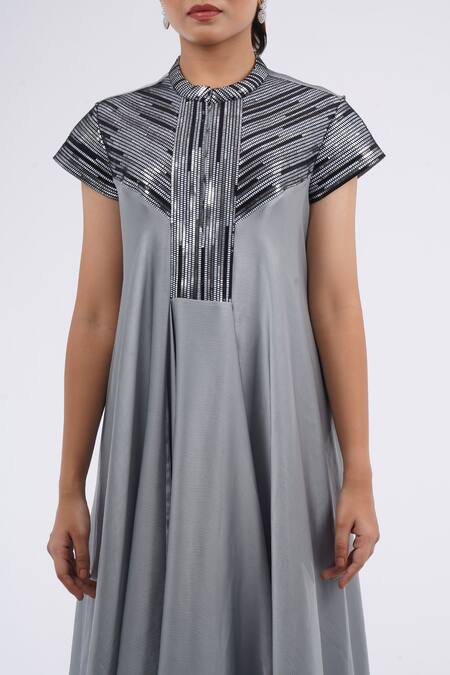 Buy_Amit Aggarwal_Grey Metallic Thread Collared Embellished Asymmetric Dress _Online_at_Aza_Fashions