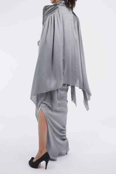 Amit Aggarwal_Grey Chiffon Metallic Thread Embellished Cape With Draped Skirt Set _Online_at_Aza_Fashions