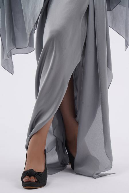 Shop_Amit Aggarwal_Grey Chiffon Metallic Thread Embellished Cape With Draped Skirt Set _Online_at_Aza_Fashions