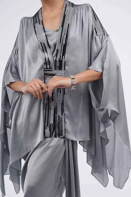 Amit Aggarwal_Grey Chiffon Metallic Thread Embellished Cape With Draped Skirt Set _at_Aza_Fashions