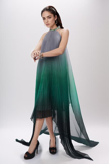 Amit Aggarwal_Emerald Green Chiffon Metallic Thread Bandeau Pleated Ombre Handkerchief Dress _Online_at_Aza_Fashions