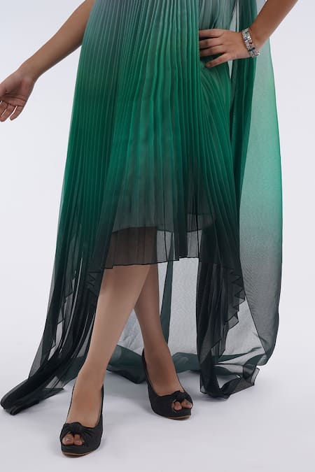 Shop_Amit Aggarwal_Emerald Green Chiffon Metallic Thread Bandeau Pleated Ombre Handkerchief Dress _Online_at_Aza_Fashions