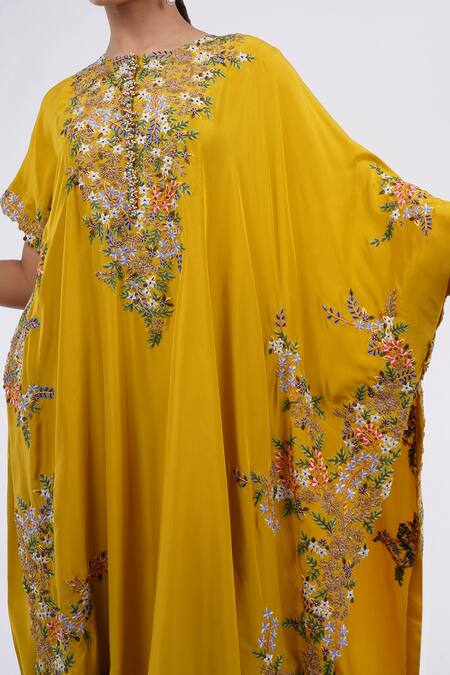 Buy_Anamika Khanna_Yellow Embroidery Boat Neck Floral Kaftan And Pant Set_Online_at_Aza_Fashions