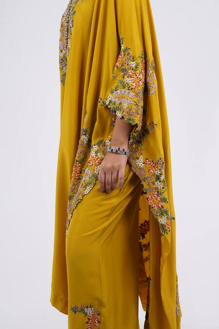 Shop_Anamika Khanna_Yellow Embroidery Boat Neck Floral Kaftan And Pant Set_Online_at_Aza_Fashions
