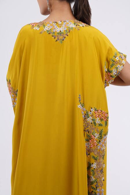 Anamika Khanna_Yellow Embroidery Boat Neck Floral Kaftan And Pant Set_at_Aza_Fashions