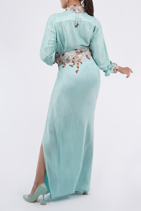 Shop_Anamika Khanna_Sky Blue Silk Embroidery Collared Shirt And Draped Skirt Set_at_Aza_Fashions