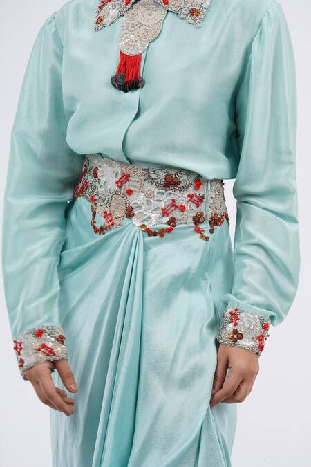 Buy_Anamika Khanna_Sky Blue Silk Embroidery Collared Shirt And Draped Skirt Set_Online_at_Aza_Fashions
