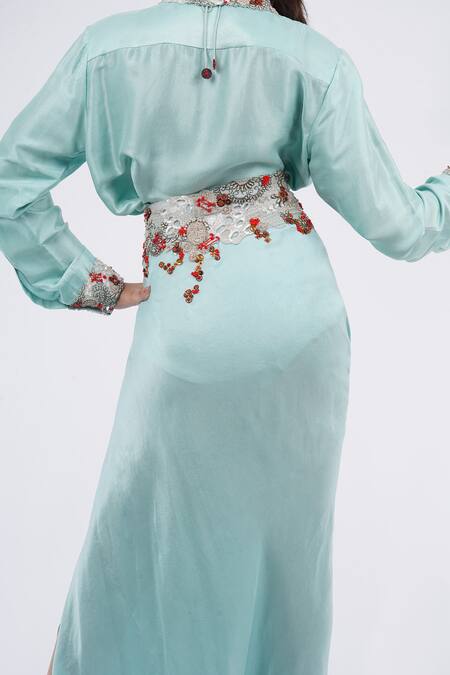 Shop_Anamika Khanna_Sky Blue Silk Embroidery Collared Shirt And Draped Skirt Set_Online_at_Aza_Fashions