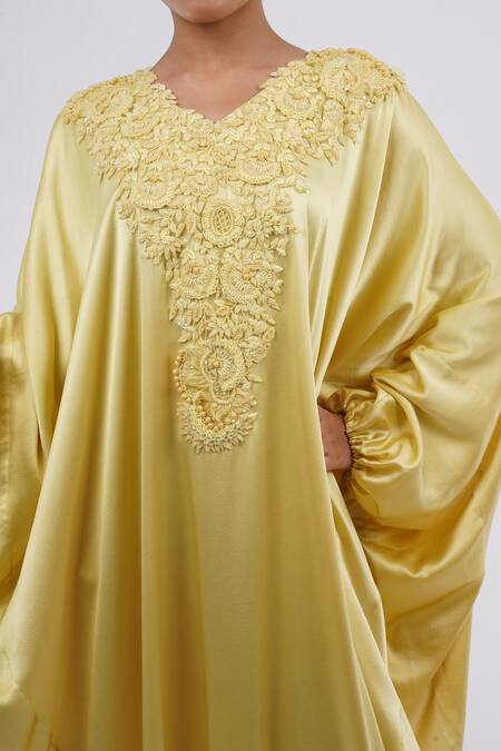 Buy_Anamika Khanna_Yellow Silk, Satin Embroidery V-neck Floral Kaftan Dress_Online_at_Aza_Fashions