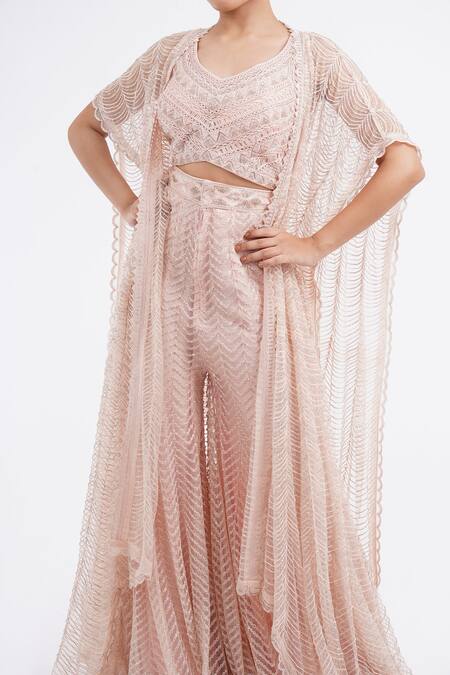 Ritika Mirchandani_Pink Georgette Embroidery V-, Open Jacket And Sharara Set_Online_at_Aza_Fashions