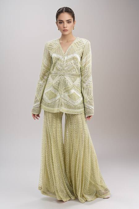 Ritika Mirchandani_Green Embroidery V-neck Abstract Tunic Sharara Set_Online_at_Aza_Fashions
