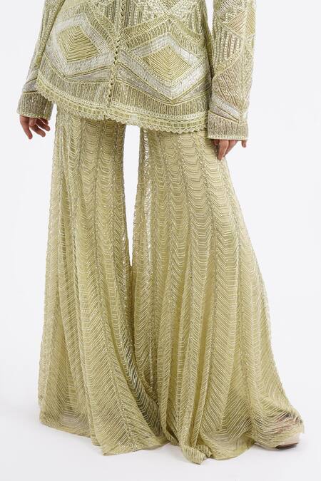 Buy_Ritika Mirchandani_Green Embroidery V-neck Abstract Tunic Sharara Set_Online_at_Aza_Fashions