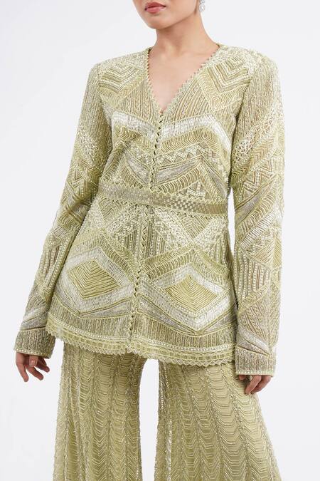 Shop_Ritika Mirchandani_Green Embroidery V-neck Abstract Tunic Sharara Set_Online_at_Aza_Fashions