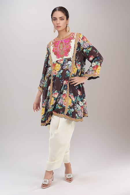 Debyani + CO_Black Embroidery Round Neck Floral Print Short Kurta And Salwar Set _Online_at_Aza_Fashions