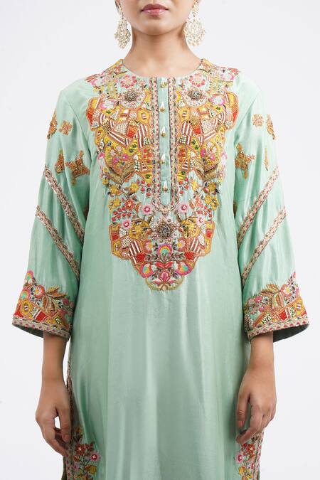 Debyani + CO_Blue Cotton, Chiffon Embroidery Round Neck Kurta Salwar Set _Online_at_Aza_Fashions