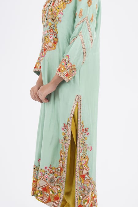 Buy_Debyani + CO_Blue Cotton, Chiffon Embroidery Round Neck Kurta Salwar Set _Online_at_Aza_Fashions