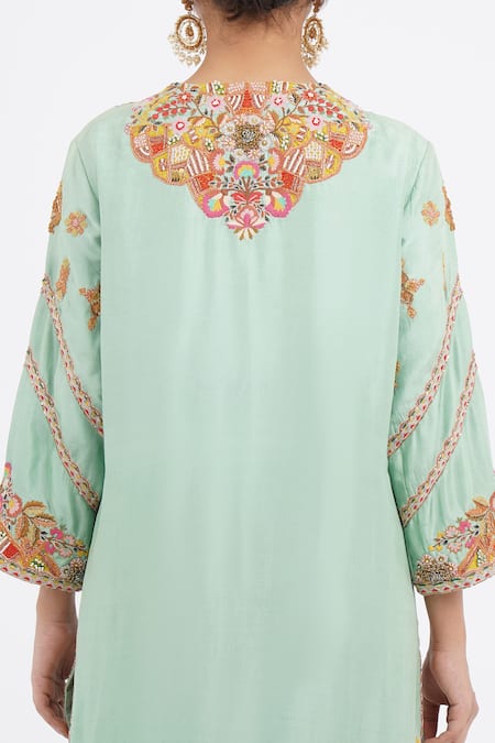 Shop_Debyani + CO_Blue Cotton, Chiffon Embroidery Round Neck Kurta Salwar Set _Online_at_Aza_Fashions