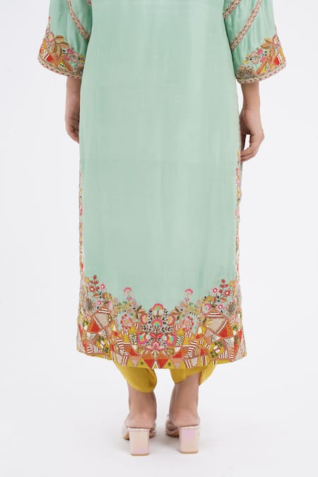 Debyani + CO_Blue Cotton, Chiffon Embroidery Round Neck Kurta Salwar Set _at_Aza_Fashions