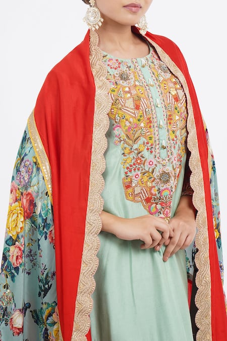 Shop_Debyani + CO_Blue Cotton, Chiffon Embroidery Round Neck Kurta Salwar Set 