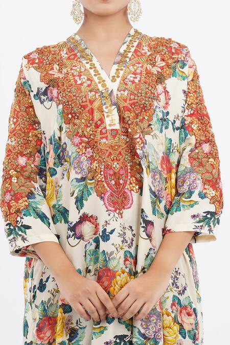Debyani + CO_Ivory Cotton Embroidery V-neck Floral Print Kaftan Kurta And Salwar Set _Online_at_Aza_Fashions