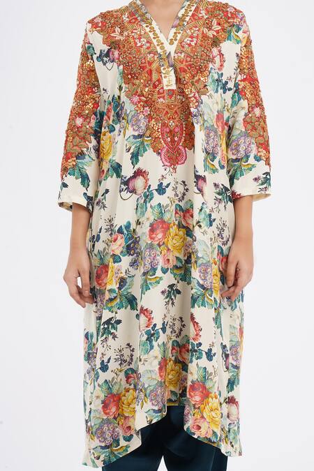 Buy_Debyani + CO_Ivory Cotton Embroidery V-neck Floral Print Kaftan Kurta And Salwar Set _Online_at_Aza_Fashions