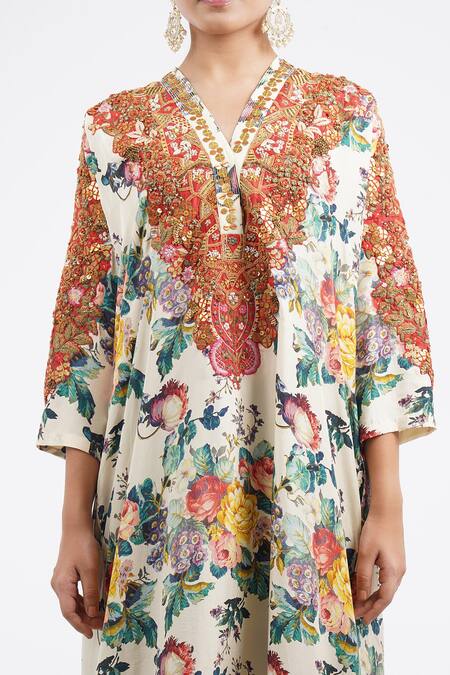 Shop_Debyani + CO_Ivory Cotton Embroidery V-neck Floral Print Kaftan Kurta And Salwar Set _Online_at_Aza_Fashions