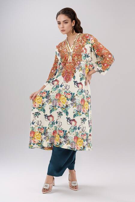 Debyani + CO_Ivory Cotton Embroidery V-neck Floral Print Kaftan Kurta And Salwar Set _at_Aza_Fashions