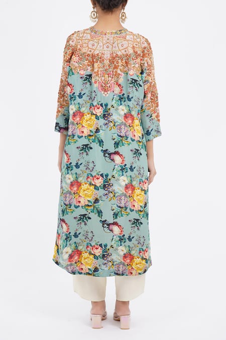 Shop_Debyani + CO_Blue Cotton Embroidery V-neck Floral Print Kaftan Kurta With Salwar _at_Aza_Fashions