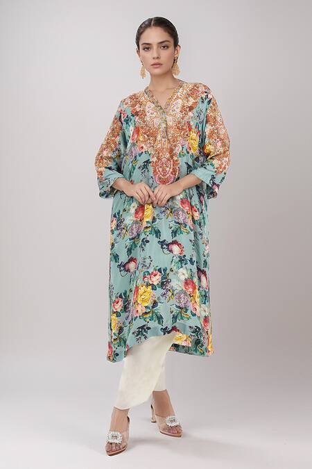 Debyani + CO_Blue Cotton Embroidery V-neck Floral Print Kaftan Kurta With Salwar _Online_at_Aza_Fashions