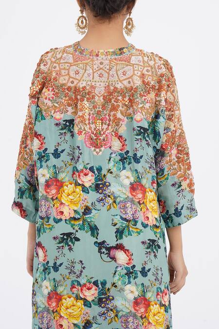 Buy_Debyani + CO_Blue Cotton Embroidery V-neck Floral Print Kaftan Kurta With Salwar _Online_at_Aza_Fashions