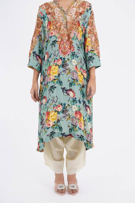 Shop_Debyani + CO_Blue Cotton Embroidery V-neck Floral Print Kaftan Kurta With Salwar _Online_at_Aza_Fashions