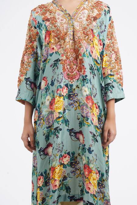 Debyani + CO_Blue Cotton Embroidery V-neck Floral Print Kaftan Kurta With Salwar _at_Aza_Fashions