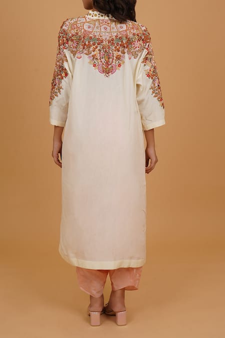 Shop_Debyani + CO_Ivory Silk Embroidery V-neck Kurta And Salwar Set _at_Aza_Fashions