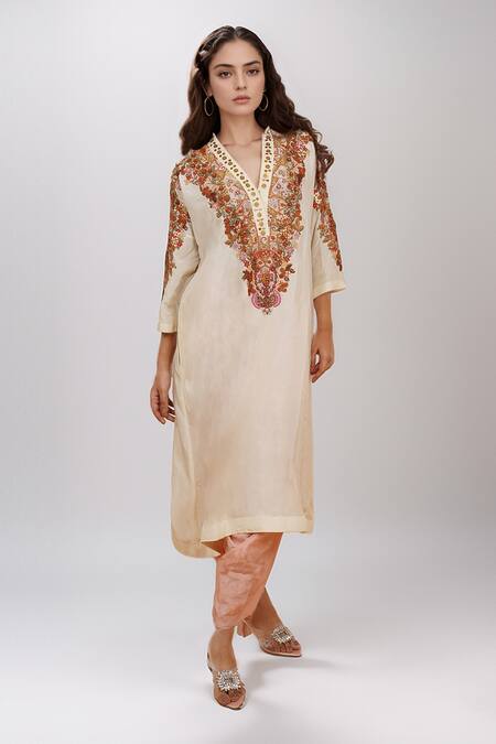 Debyani + CO_Ivory Silk Embroidery V-neck Kurta And Salwar Set _Online_at_Aza_Fashions