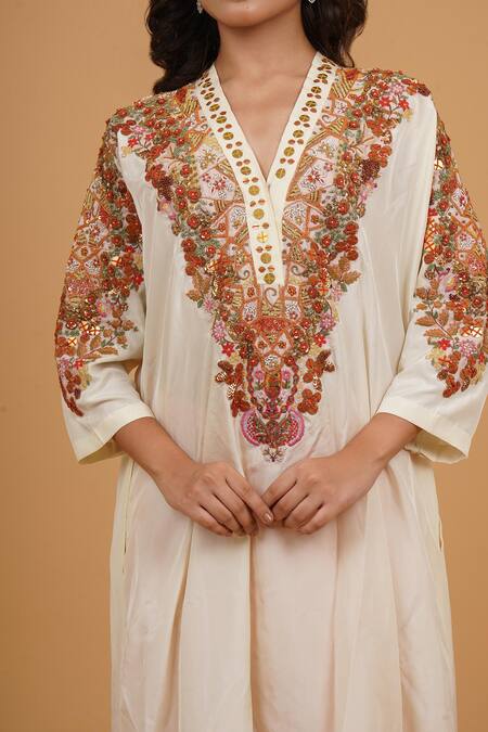 Shop_Debyani + CO_Ivory Silk Embroidery V-neck Kurta And Salwar Set _Online_at_Aza_Fashions