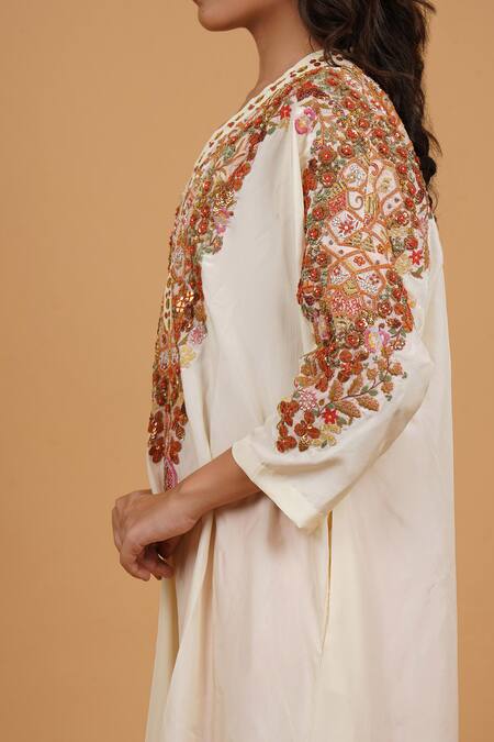 Debyani + CO_Ivory Silk Embroidery V-neck Kurta And Salwar Set _at_Aza_Fashions