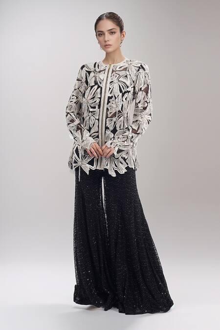 Ritika Mirchandani_Black Chiffon Embroidery Round Neck Floral Jacket Sharara Set_Online_at_Aza_Fashions