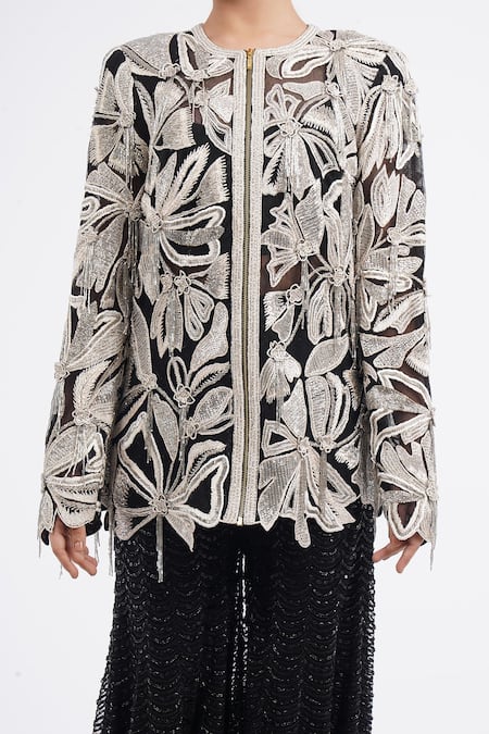 Buy_Ritika Mirchandani_Black Chiffon Embroidery Round Neck Floral Jacket Sharara Set_Online_at_Aza_Fashions