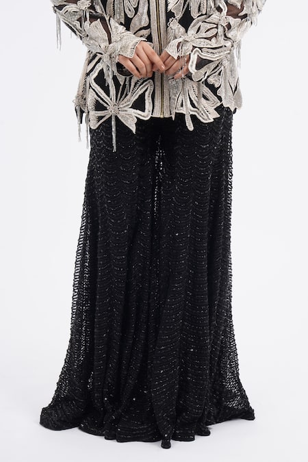 Shop_Ritika Mirchandani_Black Chiffon Embroidery Round Neck Floral Jacket Sharara Set_Online_at_Aza_Fashions